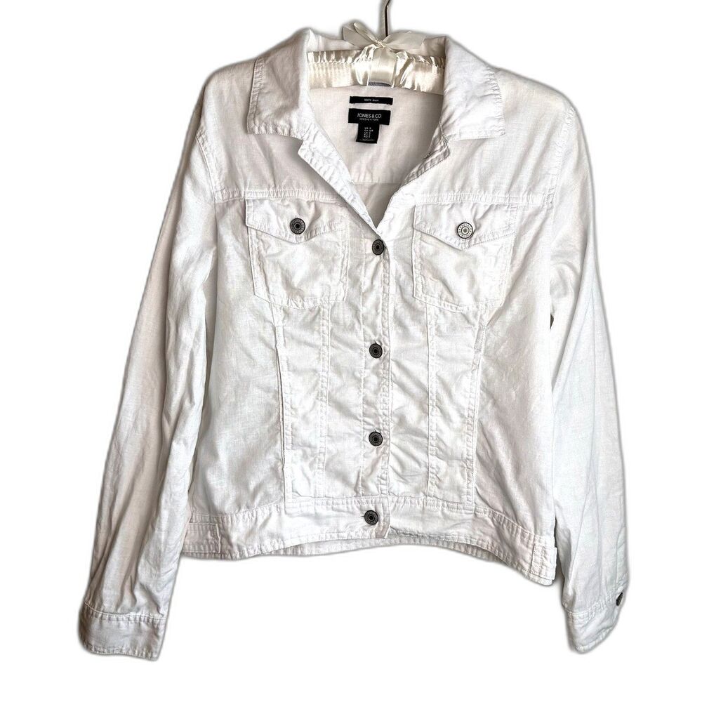 Jones New York Women’s Small, 100% Linen, Trucker Jacket White Preppy EUC